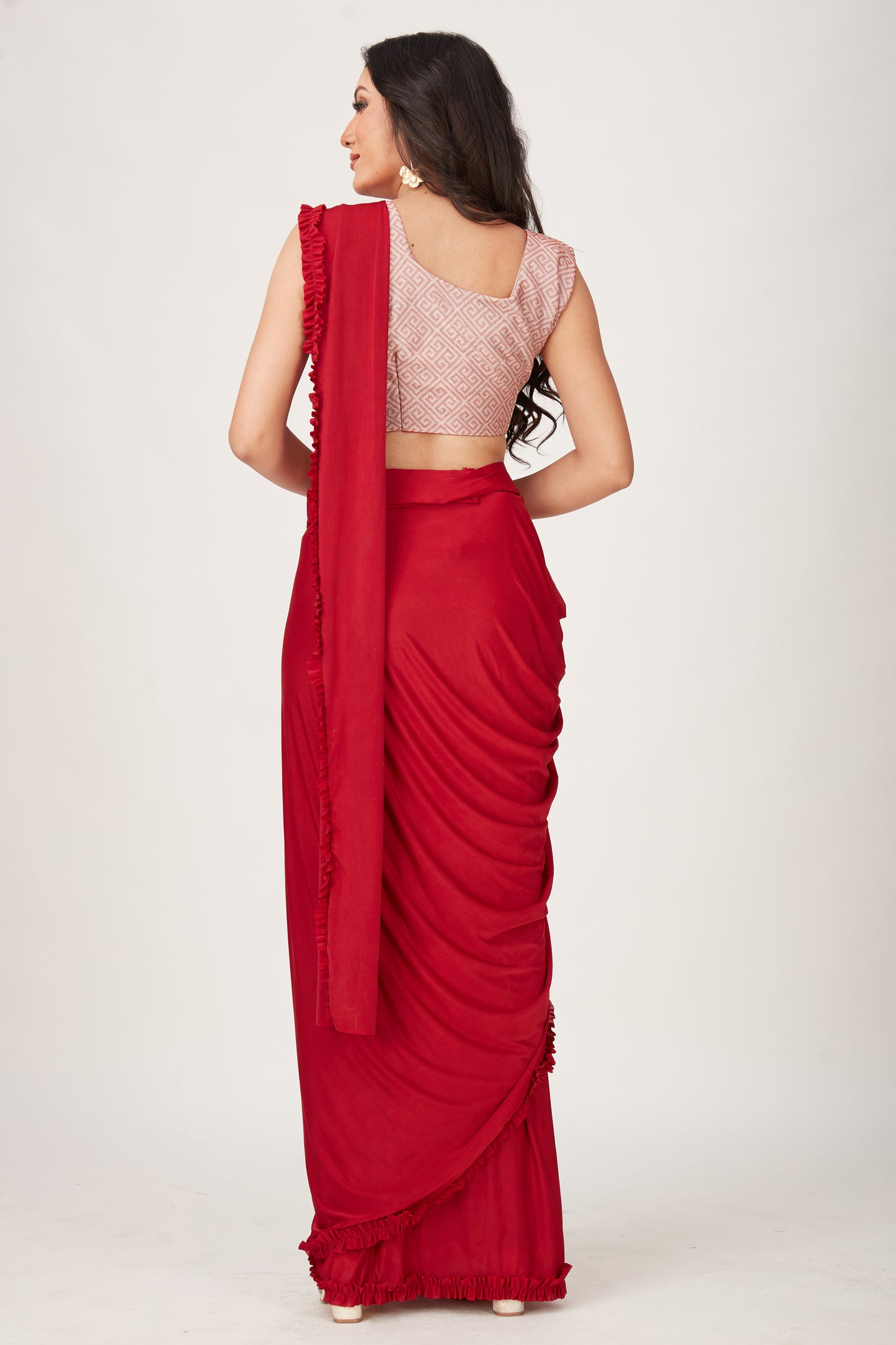 Designer Ready To Wear Frill Saree with Belt And Ready To Wear Printed Blouse