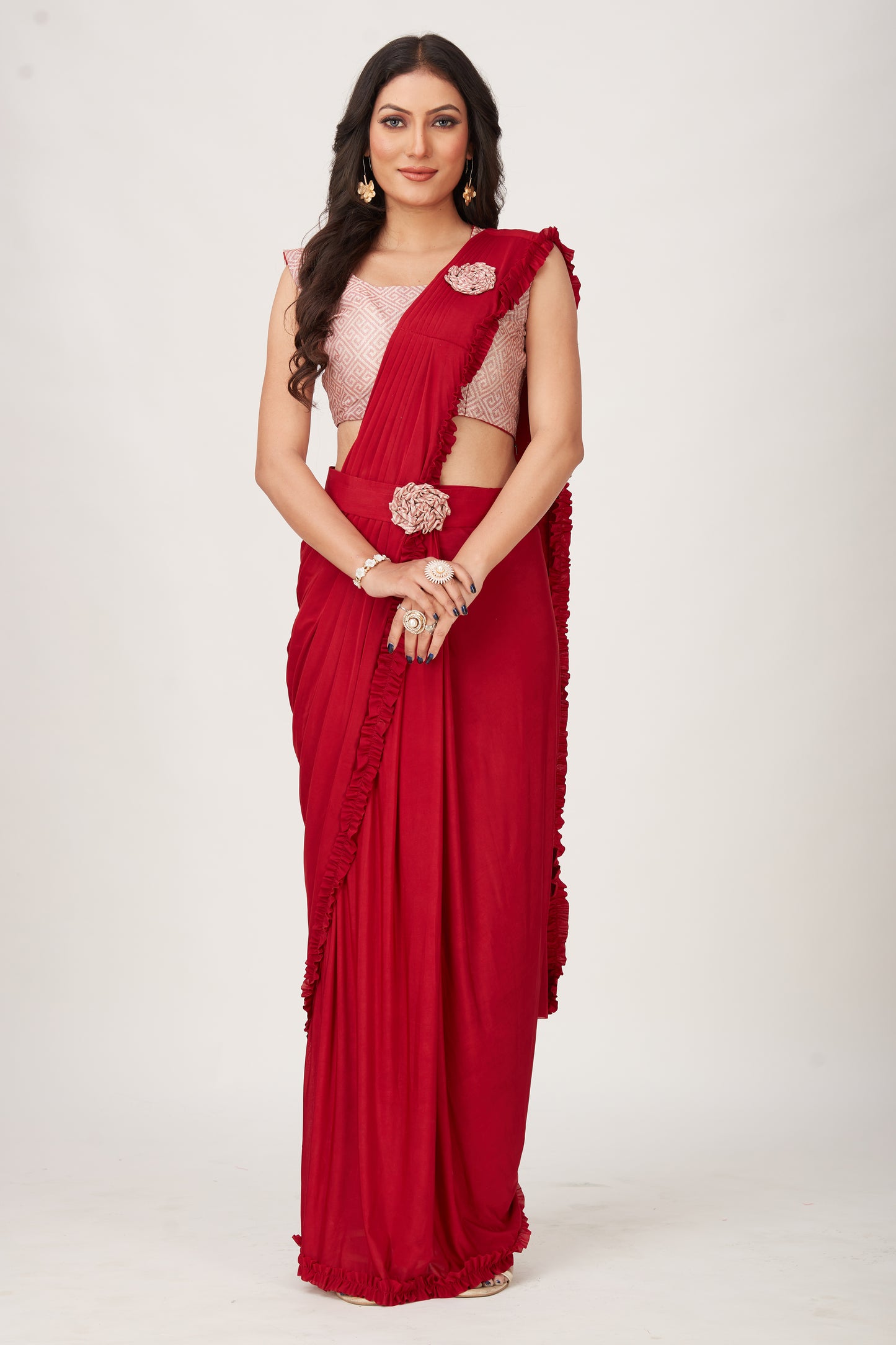 Designer Ready To Wear Frill Saree with Belt And Ready To Wear Printed Blouse