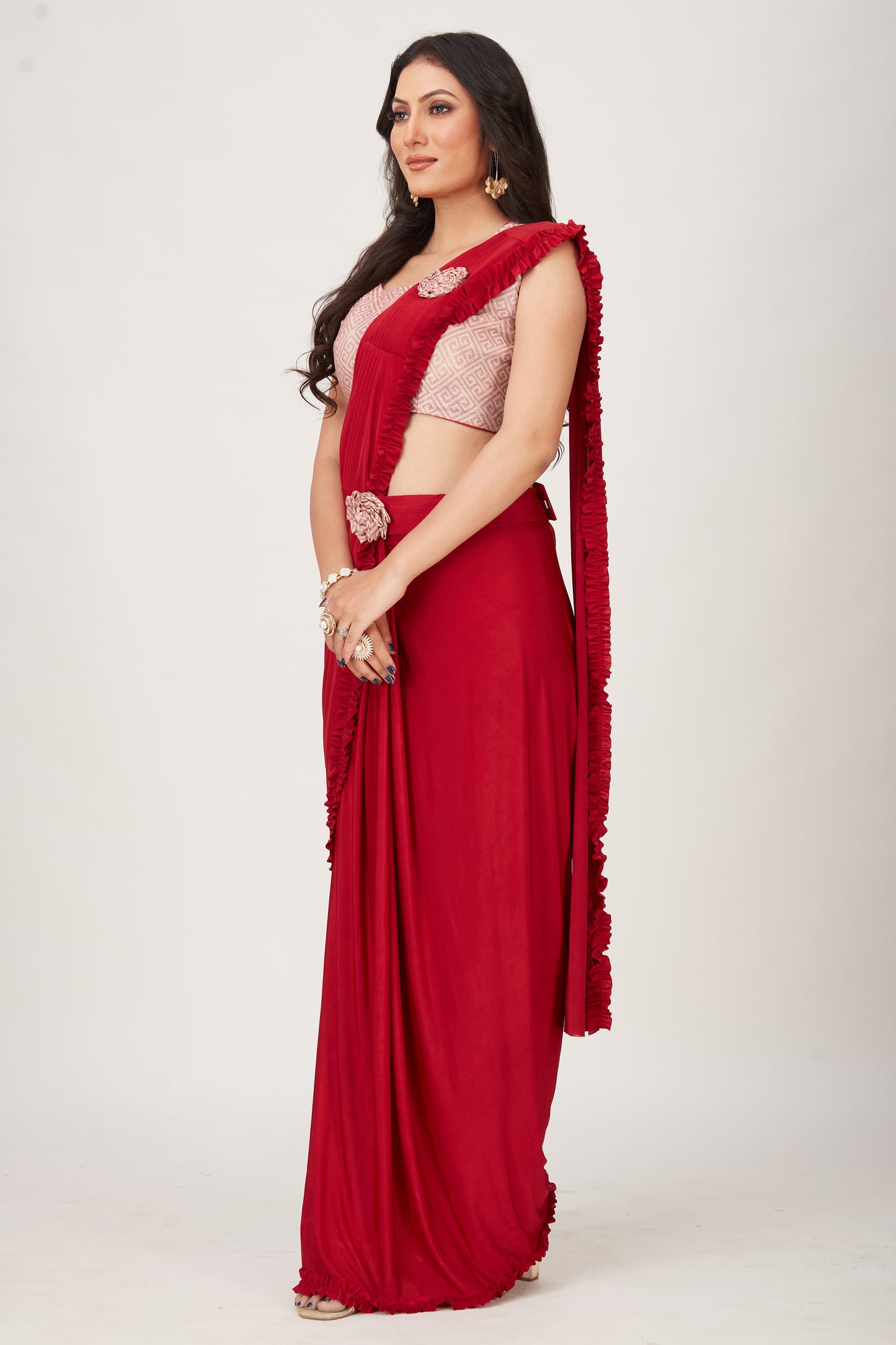 Designer Ready To Wear Frill Saree with Belt And Ready To Wear Printed Blouse