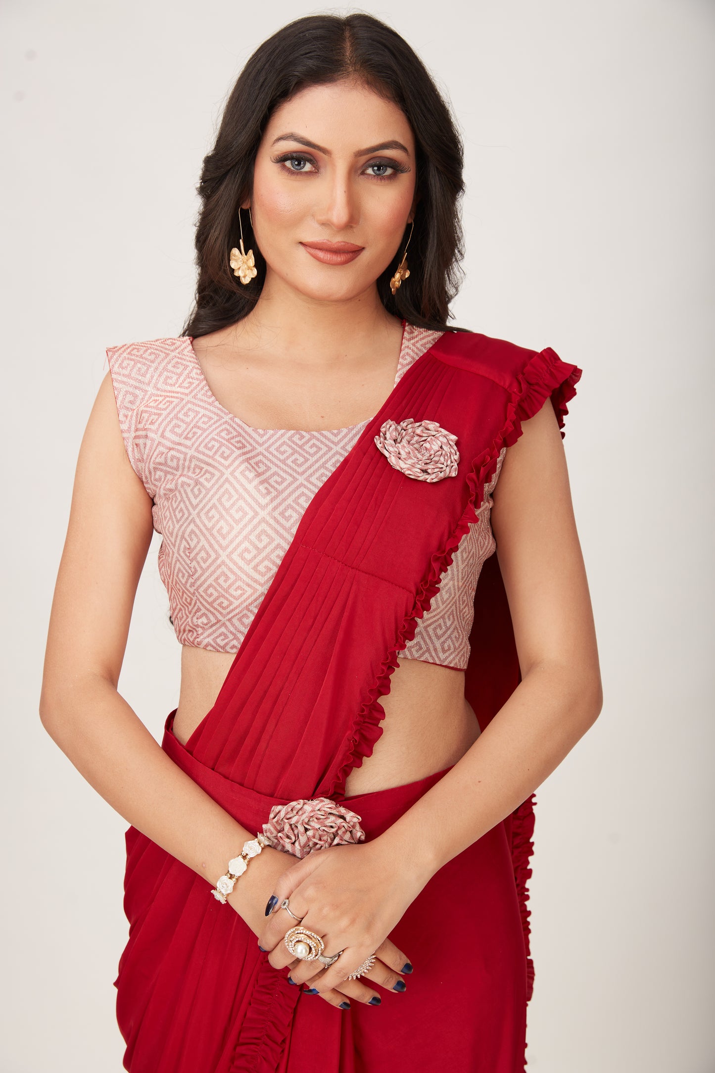 Designer Ready To Wear Frill Saree with Belt And Ready To Wear Printed Blouse