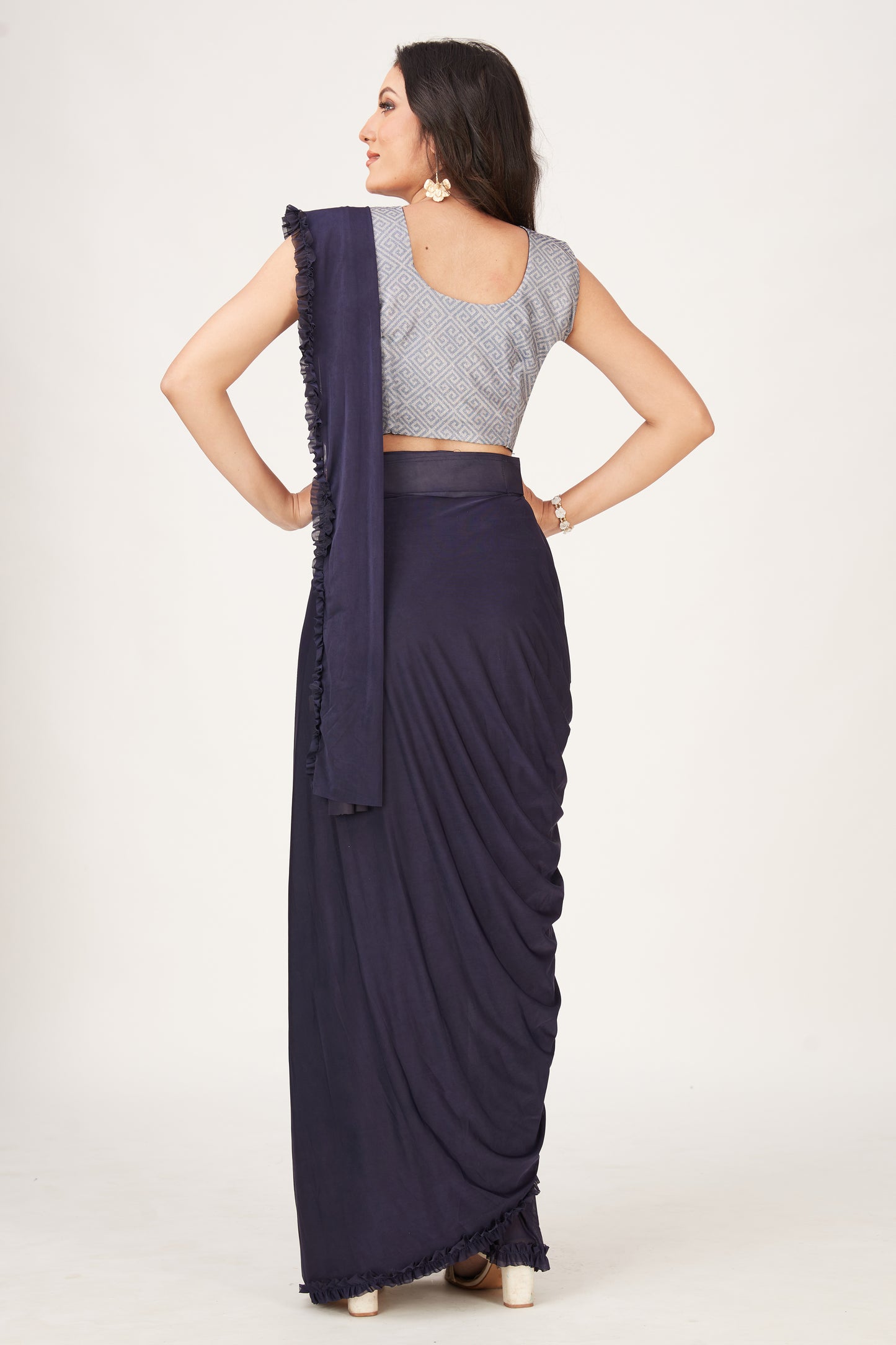 Designer Ready To Wear Frill Saree with Belt And Ready To Wear Printed Blouse