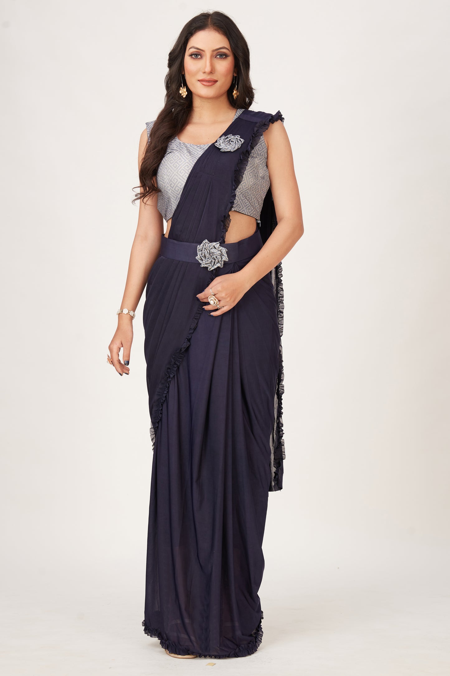 Designer Ready To Wear Frill Saree with Belt And Ready To Wear Printed Blouse