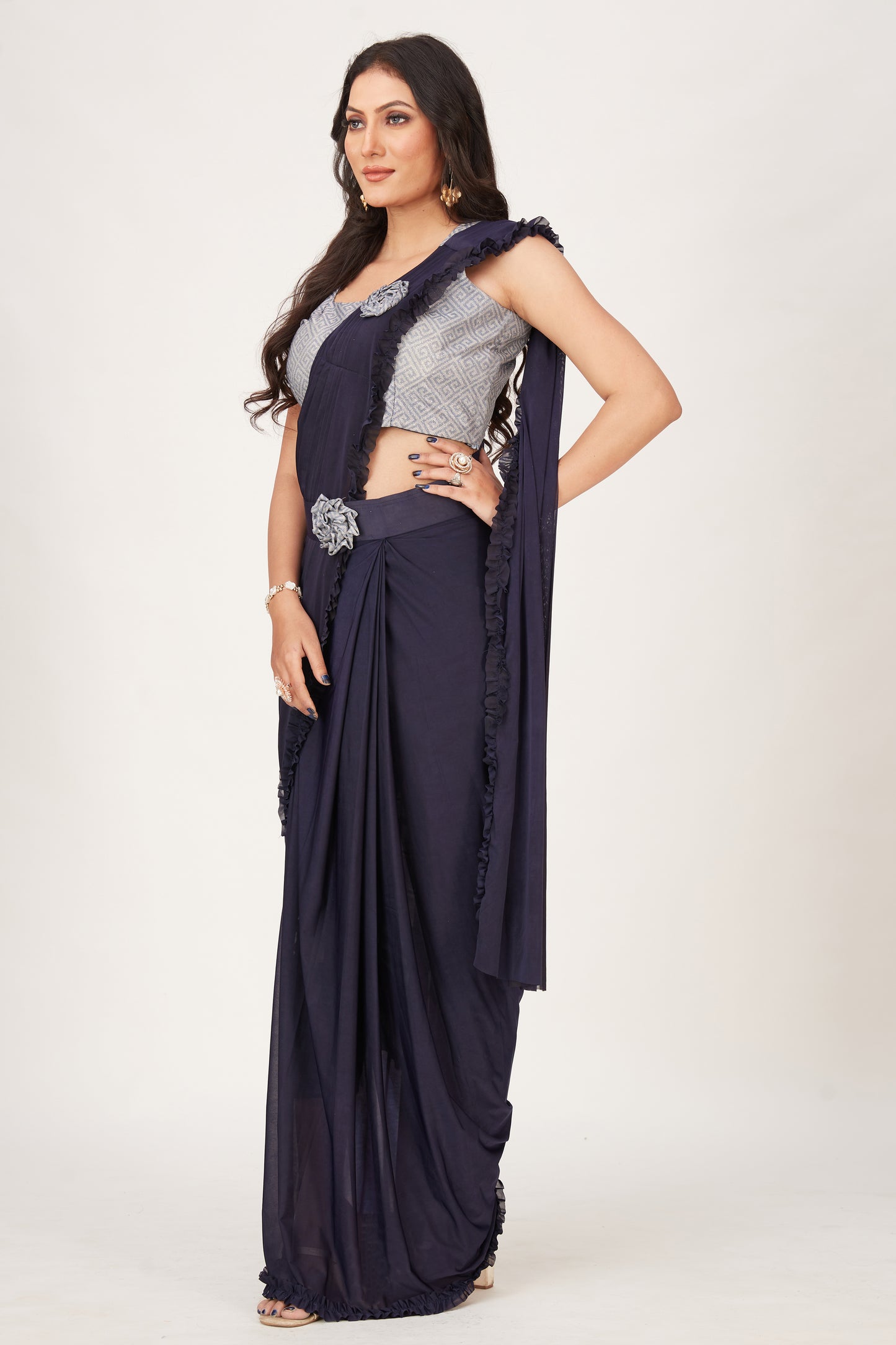 Designer Ready To Wear Frill Saree with Belt And Ready To Wear Printed Blouse