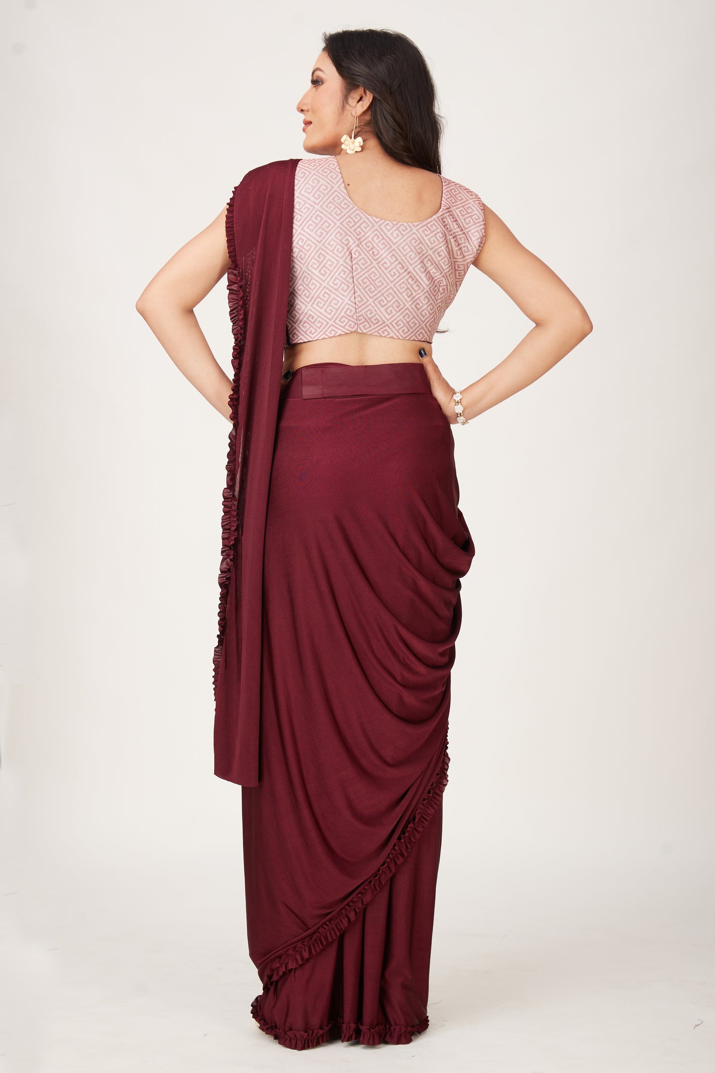 Designer Ready To Wear Frill Saree with Belt And Ready To Wear Printed Blouse