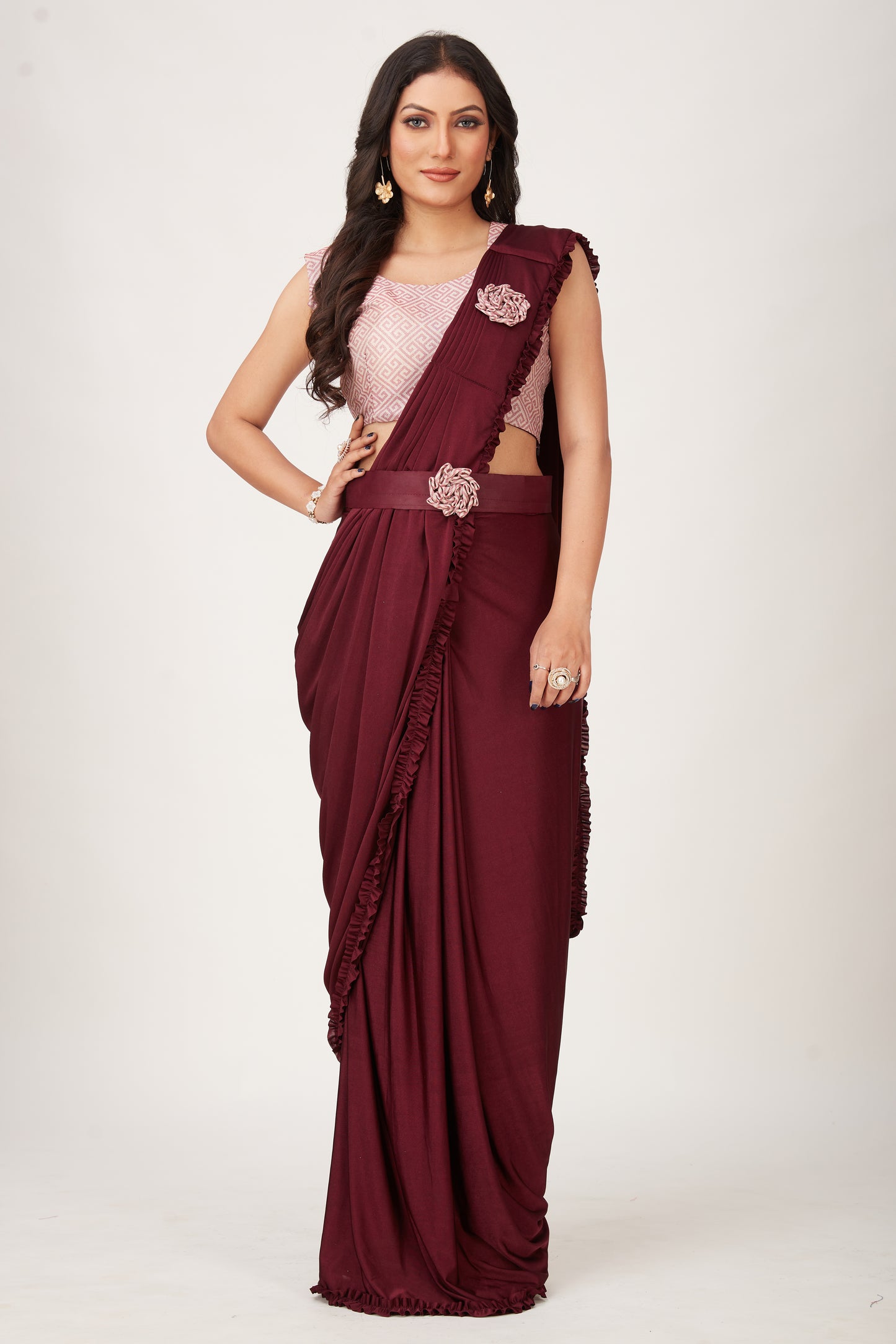 Designer Ready To Wear Frill Saree with Belt And Ready To Wear Printed Blouse