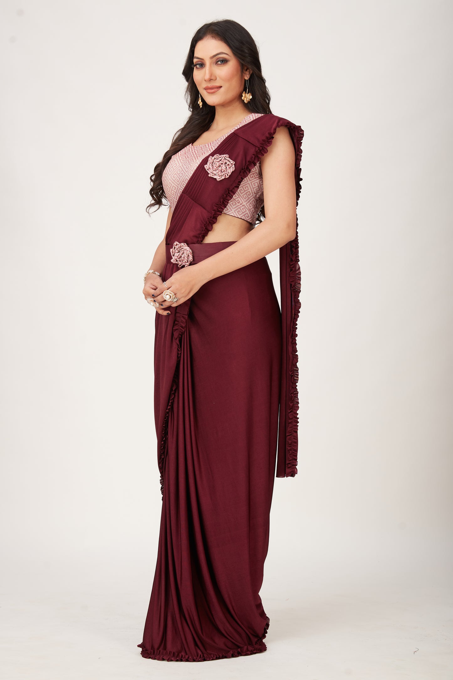 Designer Ready To Wear Frill Saree with Belt And Ready To Wear Printed Blouse