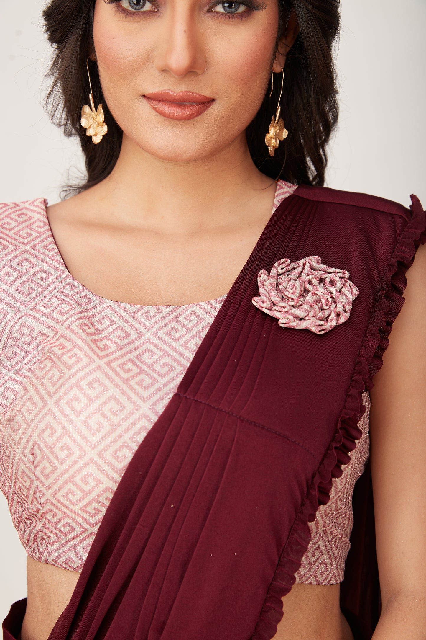 Designer Ready To Wear Frill Saree with Belt And Ready To Wear Printed Blouse