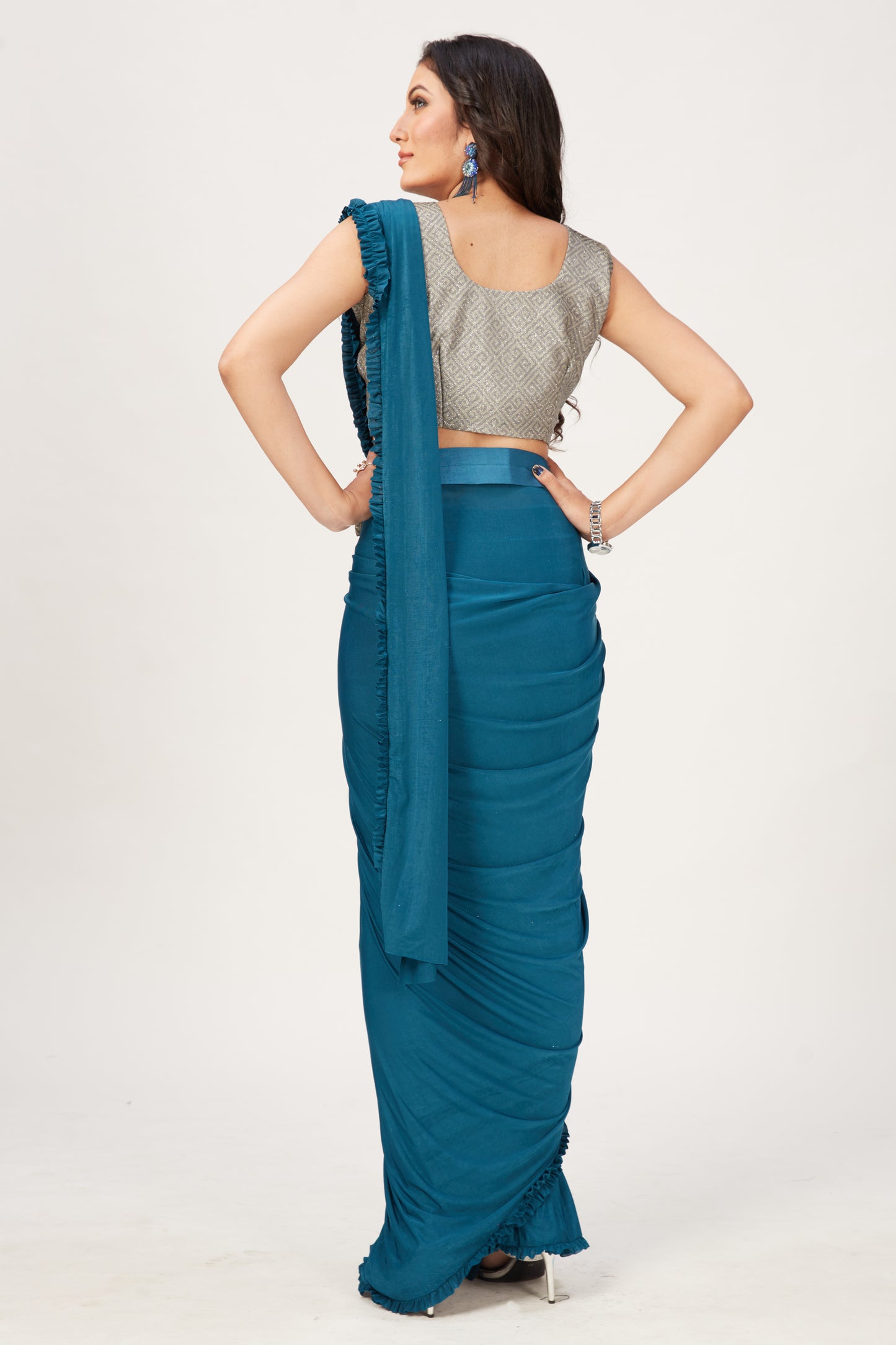Designer Ready To Wear Frill Saree with Belt And Ready To Wear Printed Blouse