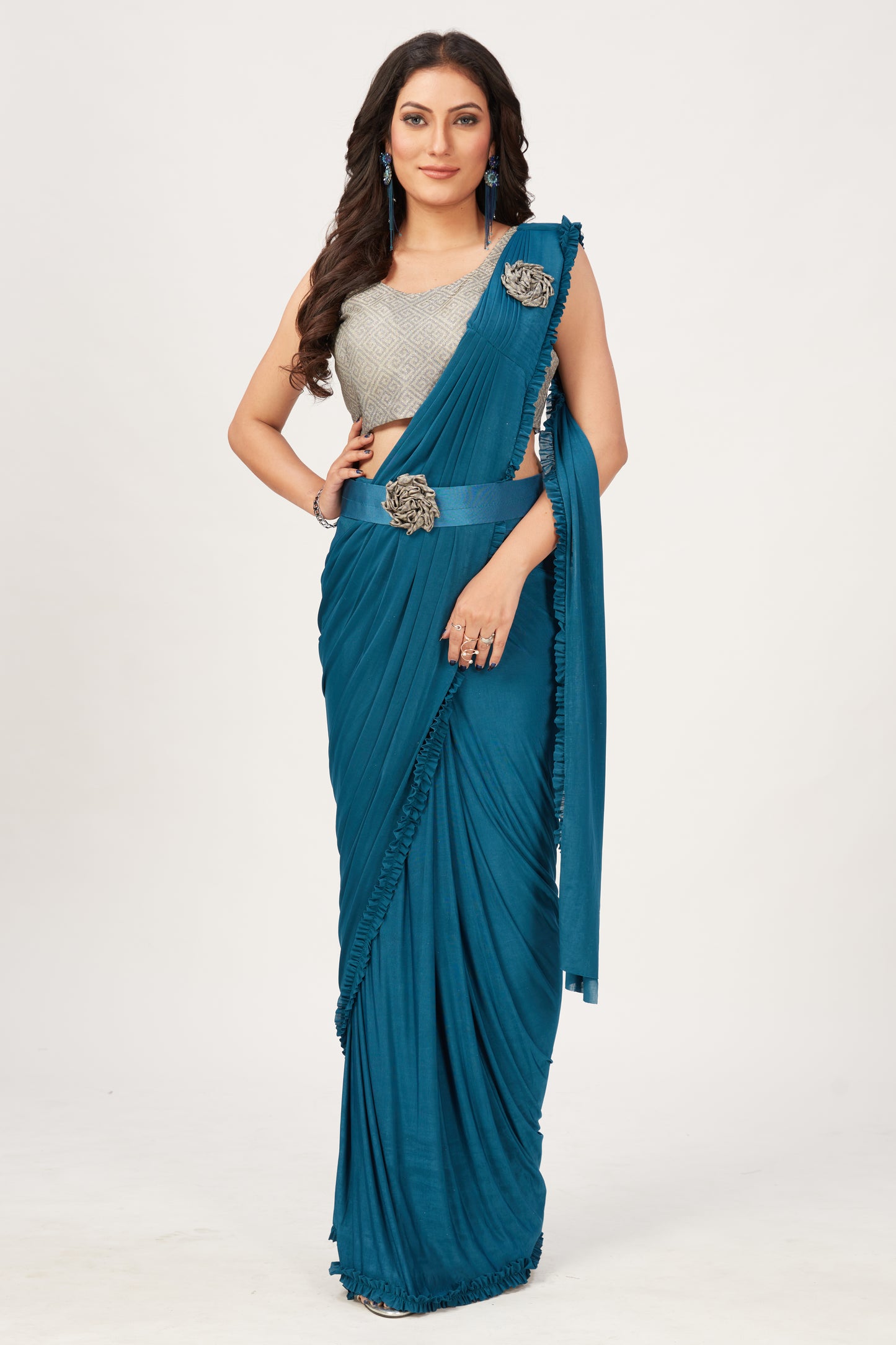 Designer Ready To Wear Frill Saree with Belt And Ready To Wear Printed Blouse
