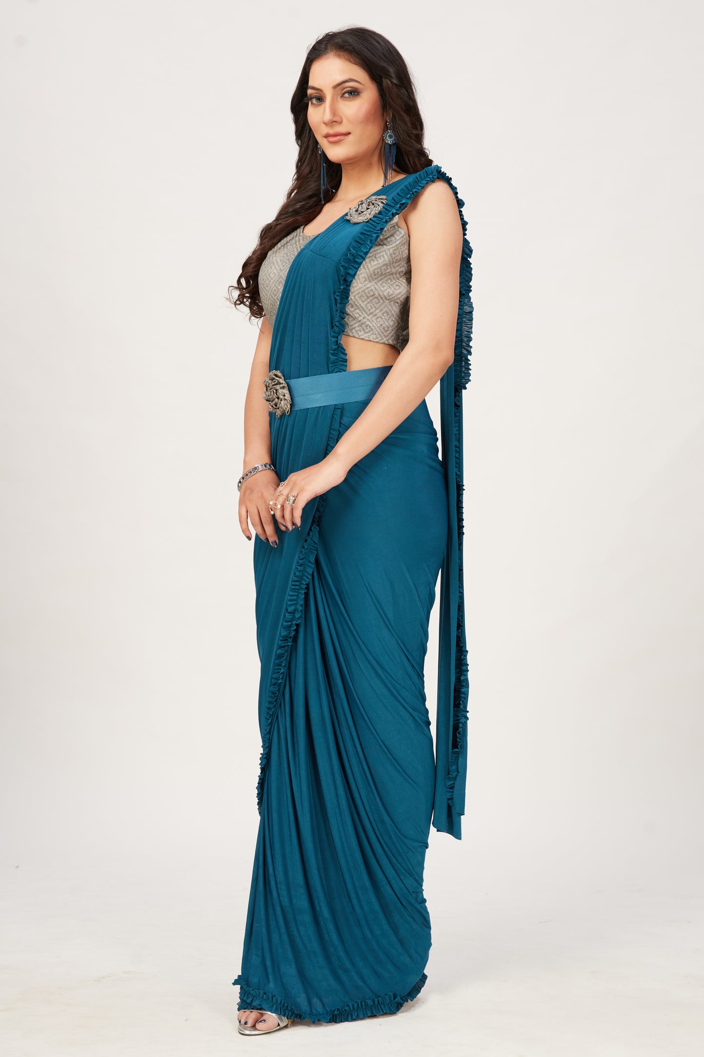Designer Ready To Wear Frill Saree with Belt And Ready To Wear Printed Blouse