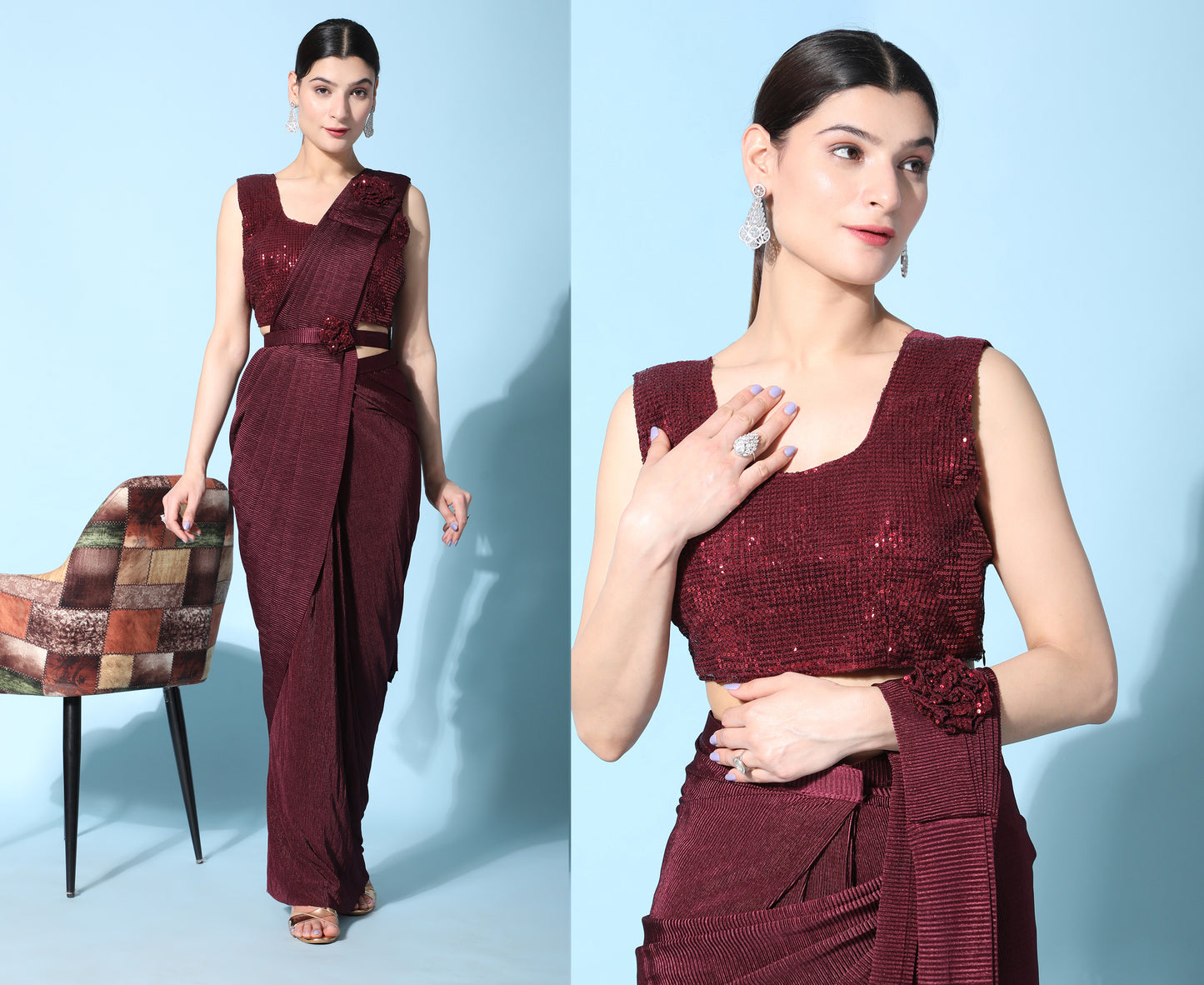 Designer Ready To Wear frill Sequin Saree with Ready To Wear Blouse with Sequin work