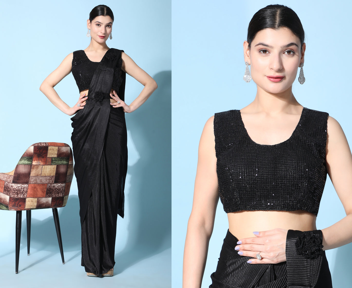 Designer Ready To Wear frill Sequin Saree with Ready To Wear Blouse with Sequin work