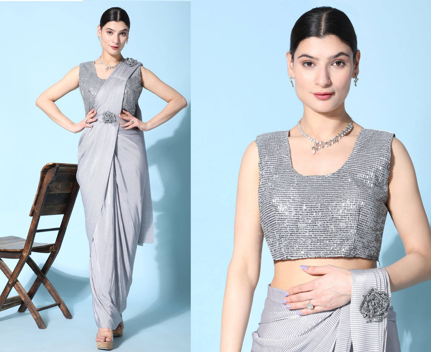 Designer Ready To Wear frill Sequin Saree with Ready To Wear Blouse with Sequin work