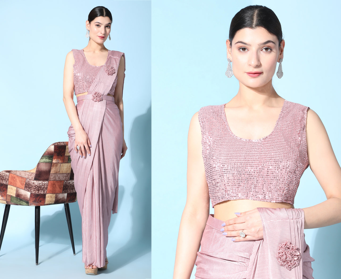 Designer Ready To Wear frill Sequin Saree with Ready To Wear Blouse with Sequin work