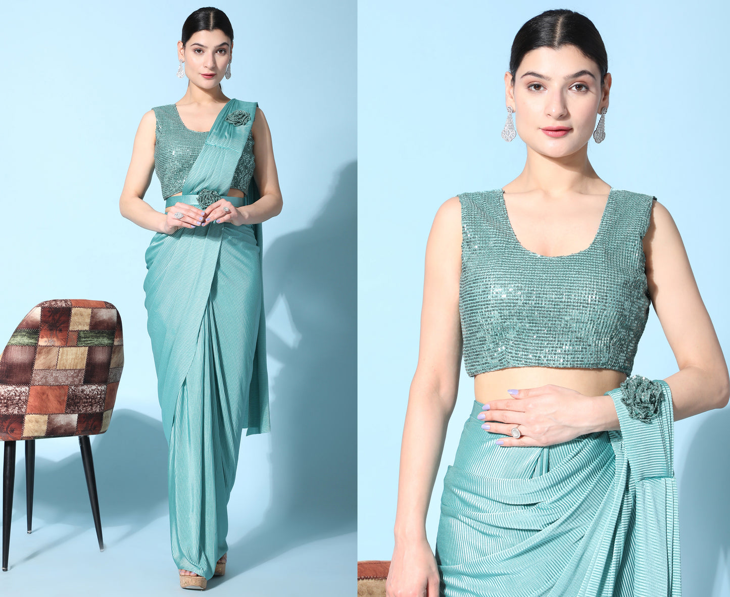 Designer Ready To Wear frill Sequin Saree with Ready To Wear Blouse with Sequin work