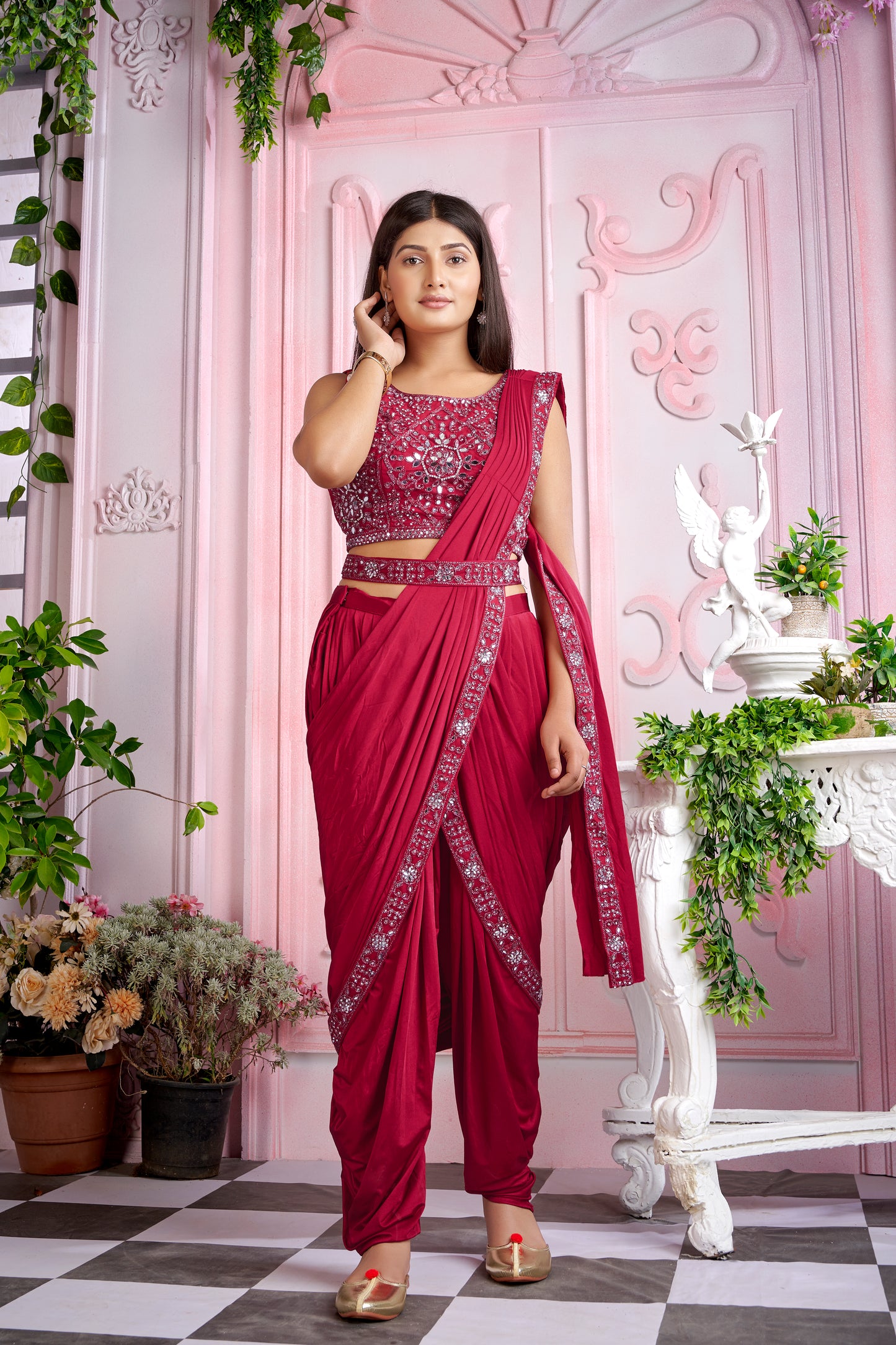 Designer Ready To Wear Dhoti Saree with Mirror work And Ready To Wear Blouse with Mirror work