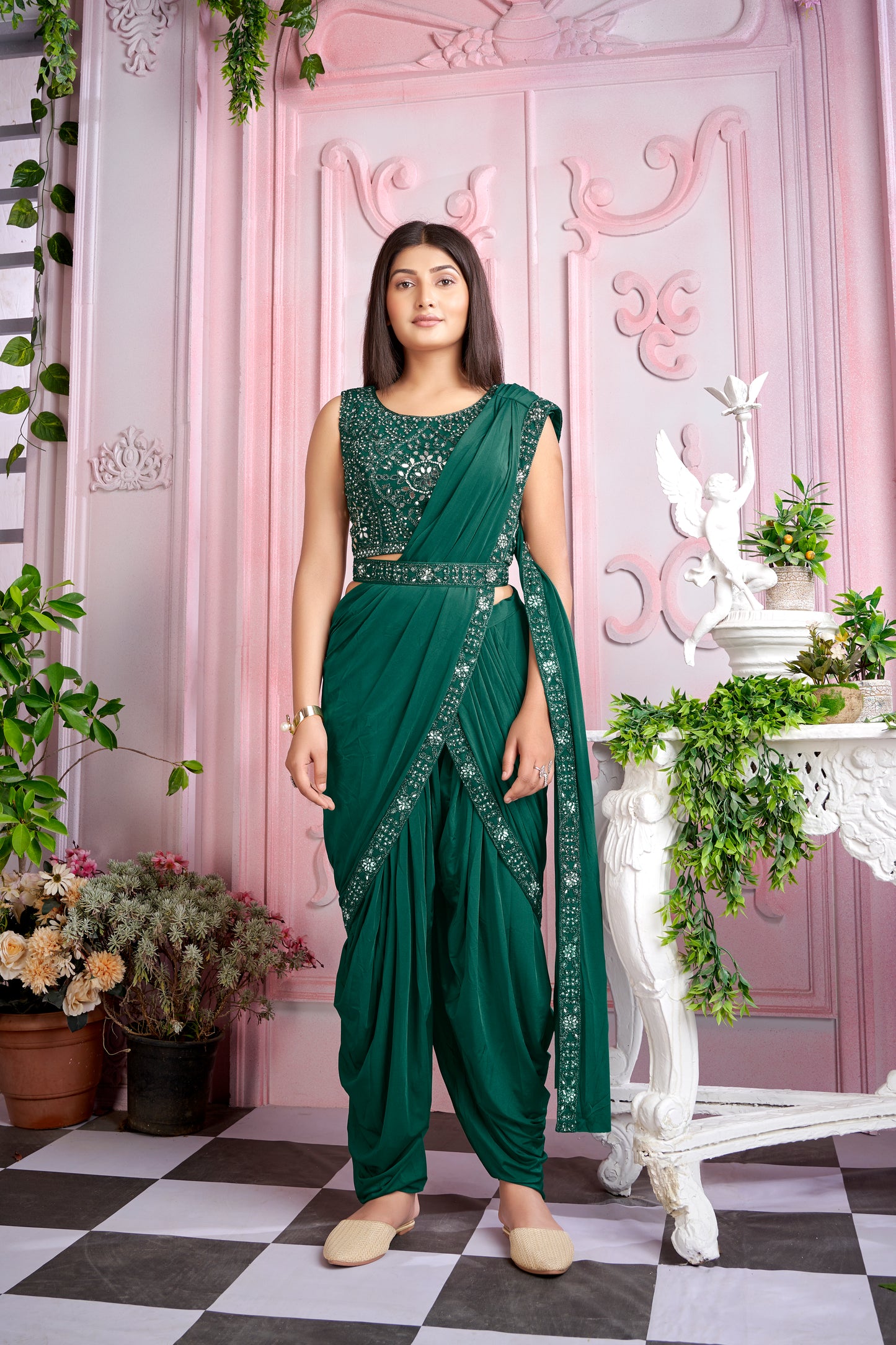 Designer Ready To Wear Dhoti Saree with Mirror work And Ready To Wear Blouse with Mirror work