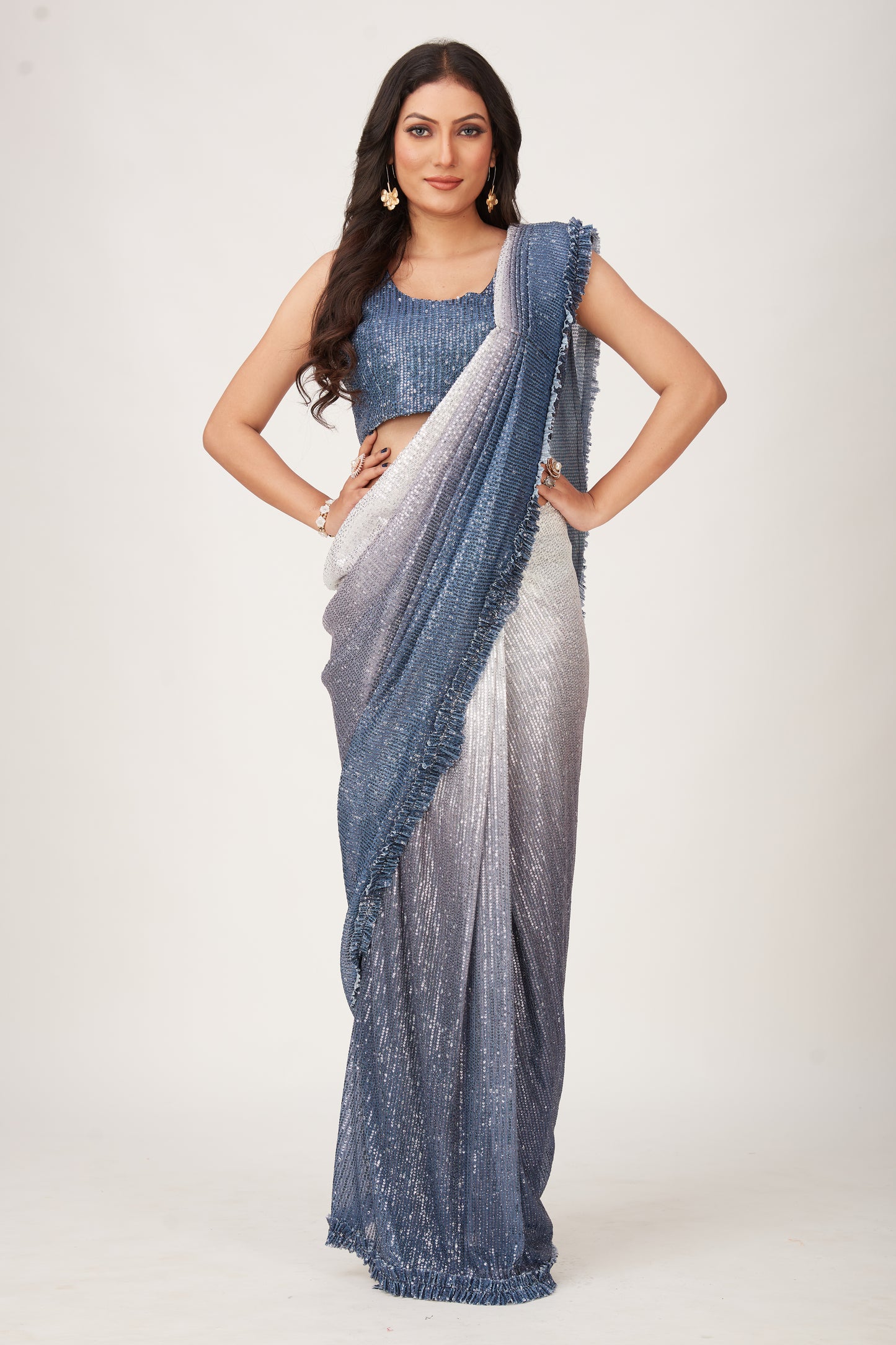 Designer Dual Tone Ready To Wear Saree And Ready To Wear Blouse Full Sequin work