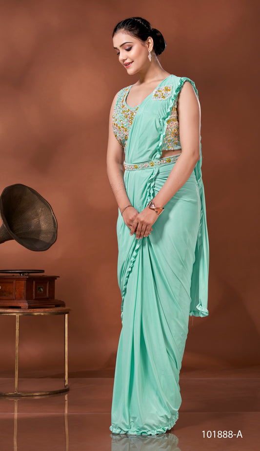 Designer Ready To Wear frill Saree with mirror and bead work belt And Ready To Wear Blouse with mirror and bead work