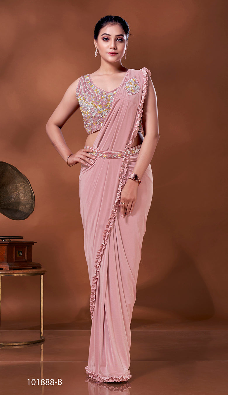 Designer Ready To Wear frill Saree with mirror and bead work belt And Ready To Wear Blouse with mirror and bead work