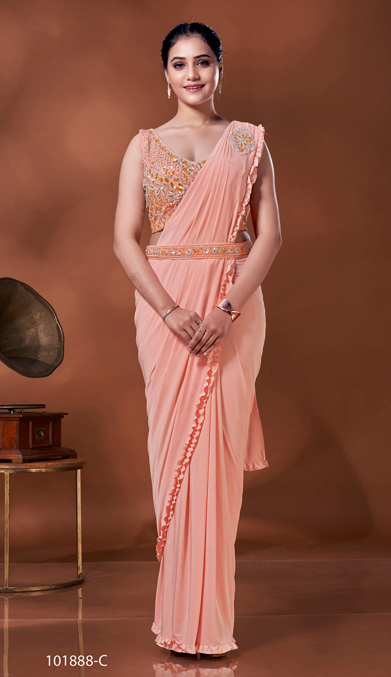 Designer Ready To Wear frill Saree with mirror and bead work belt And Ready To Wear Blouse with mirror and bead work