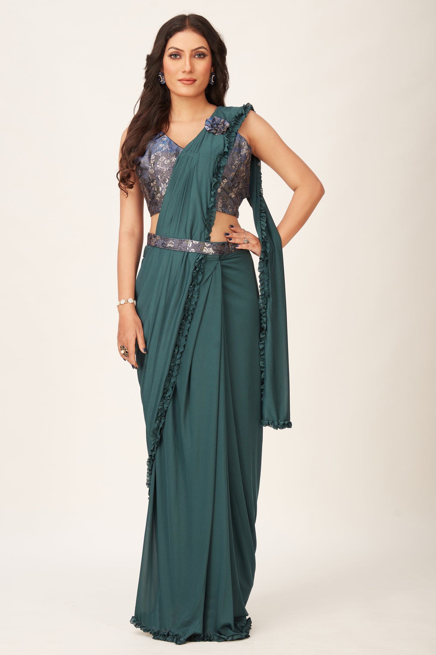 Designer Ready To Wear Frill Saree, belt And Ready To Wear printed Blouse