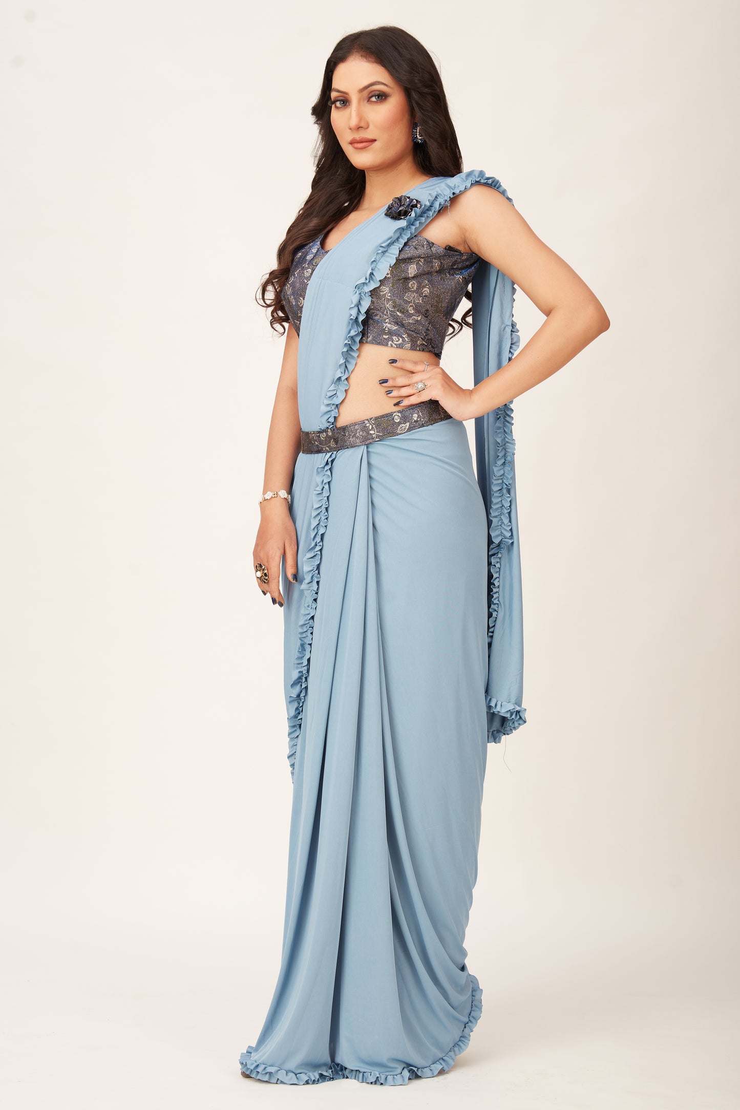 Designer Ready To Wear Frill Saree, belt And Ready To Wear printed Blouse