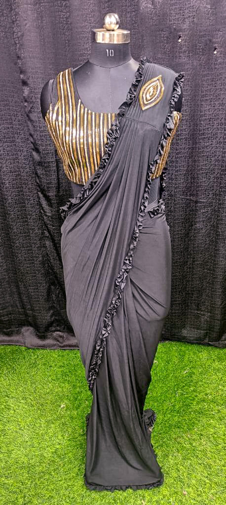 Designer Ready To Wear frill Saree with Ready To Wear vertical line Blouse