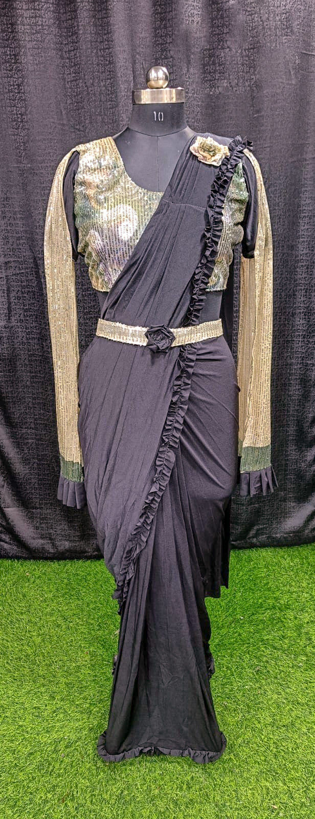 Designer Ready To Wear frill Saree with Ready To Wear Sequin and print Blouse with shoulder cover