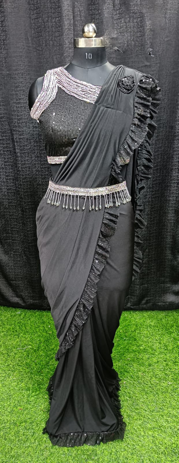 Designer Ready To Wear frill sequin work Saree with hanging bead belt And Ready To Wear Blouse with Sequin work