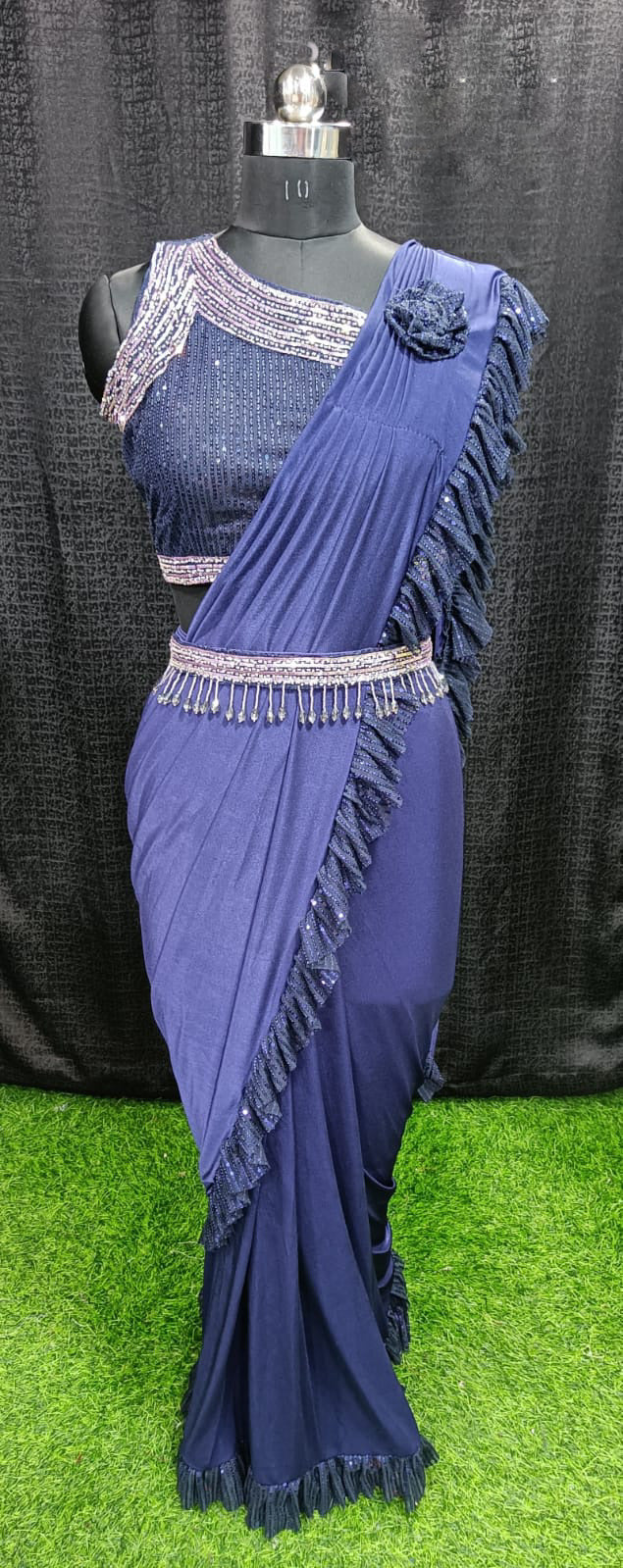 Designer Ready To Wear frill sequin work Saree with hanging bead belt And Ready To Wear Blouse with Sequin work
