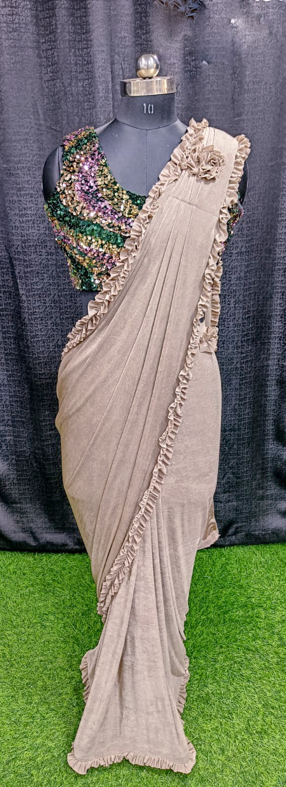 Designer Ready To Wear Frill Saree with Ready To Wear Sequin Blouse