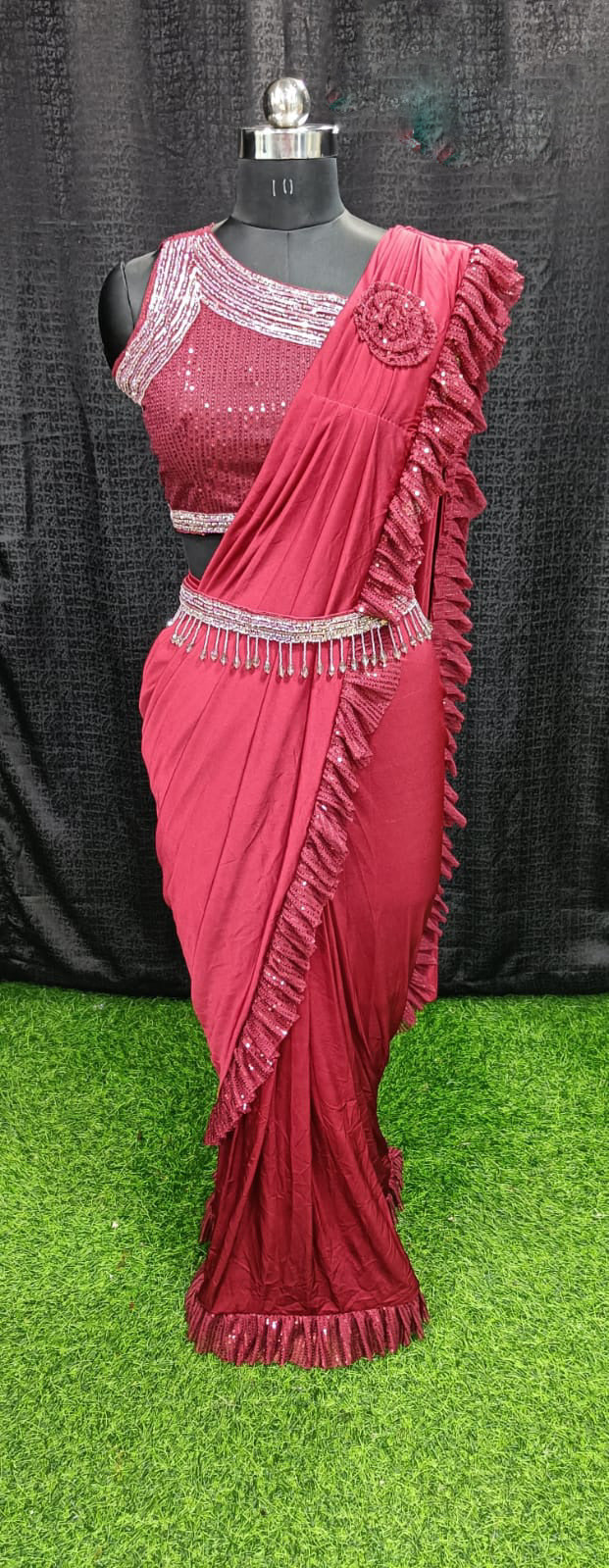 Designer Ready To Wear frill sequin work Saree with hanging bead belt And Ready To Wear Blouse with Sequin work