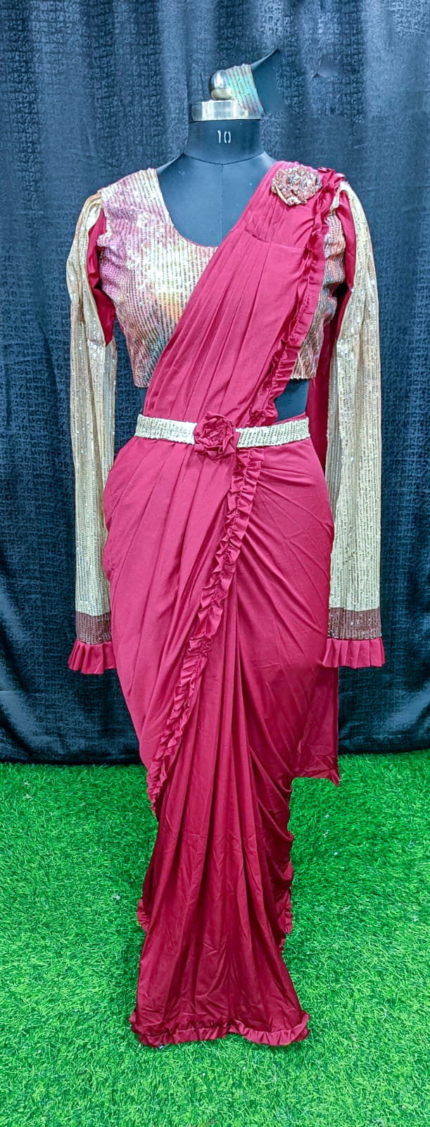 Designer Ready To Wear frill Saree with Ready To Wear Sequin and print Blouse with shoulder cover