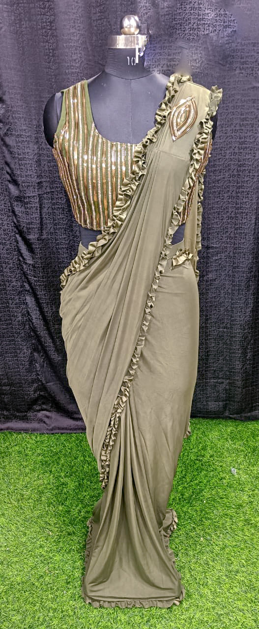 Designer Ready To Wear frill Saree with Ready To Wear vertical line Blouse