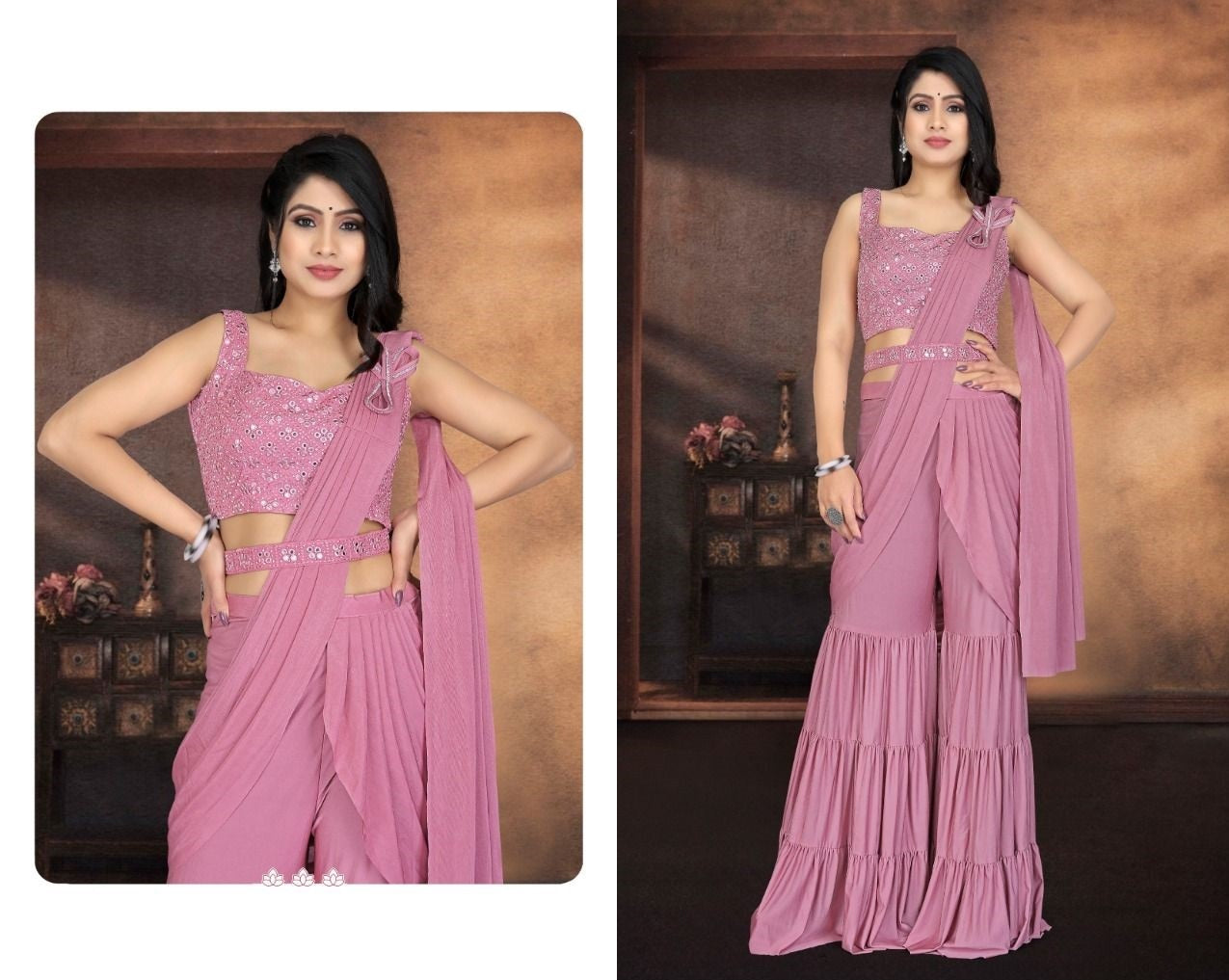 Designer Ready To Wear pant / palaso Saree with mirror work belt And Ready To Wear Blouse with mirror work