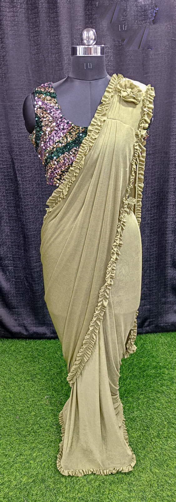 Designer Ready To Wear Frill Saree with Ready To Wear Sequin Blouse