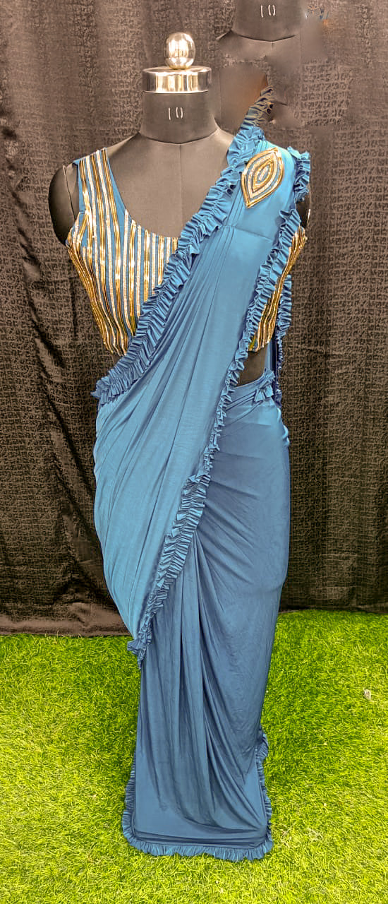 Designer Ready To Wear frill Saree with Ready To Wear vertical line Blouse