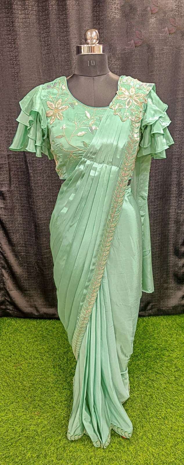 Designer Ready To Wear Saree with Ready To Wear frill Blouse with embroidery work