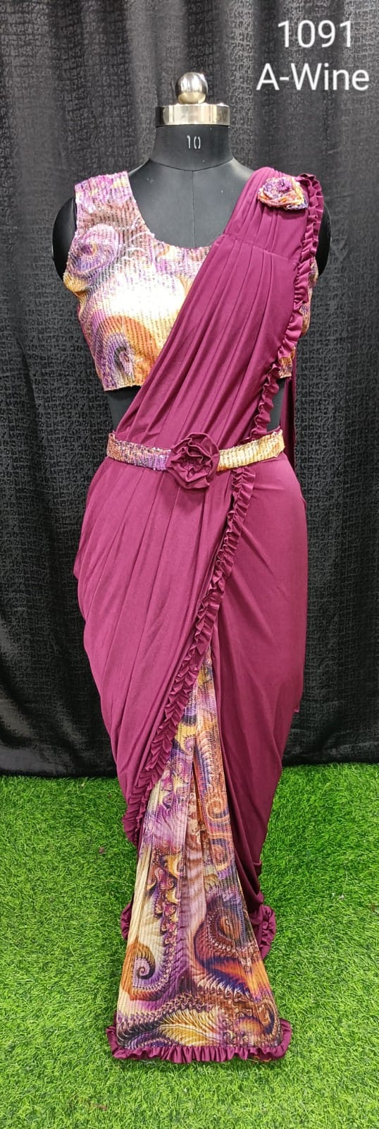 Designer Ready To Wear frill dual type Saree with belt And Ready To Wear Blouse with Sequin work