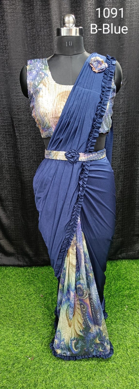 Designer Ready To Wear frill dual type Saree with belt And Ready To Wear Blouse with Sequin work