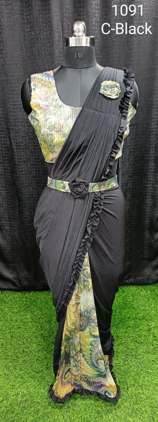 Designer Ready To Wear frill dual type Saree with belt And Ready To Wear Blouse with Sequin work