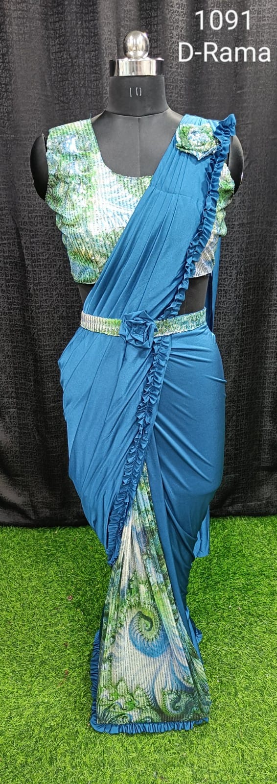 Designer Ready To Wear frill dual type Saree with belt And Ready To Wear Blouse with Sequin work