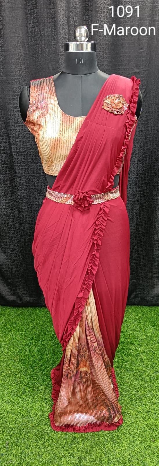 Designer Ready To Wear frill dual type Saree with belt And Ready To Wear Blouse with Sequin work
