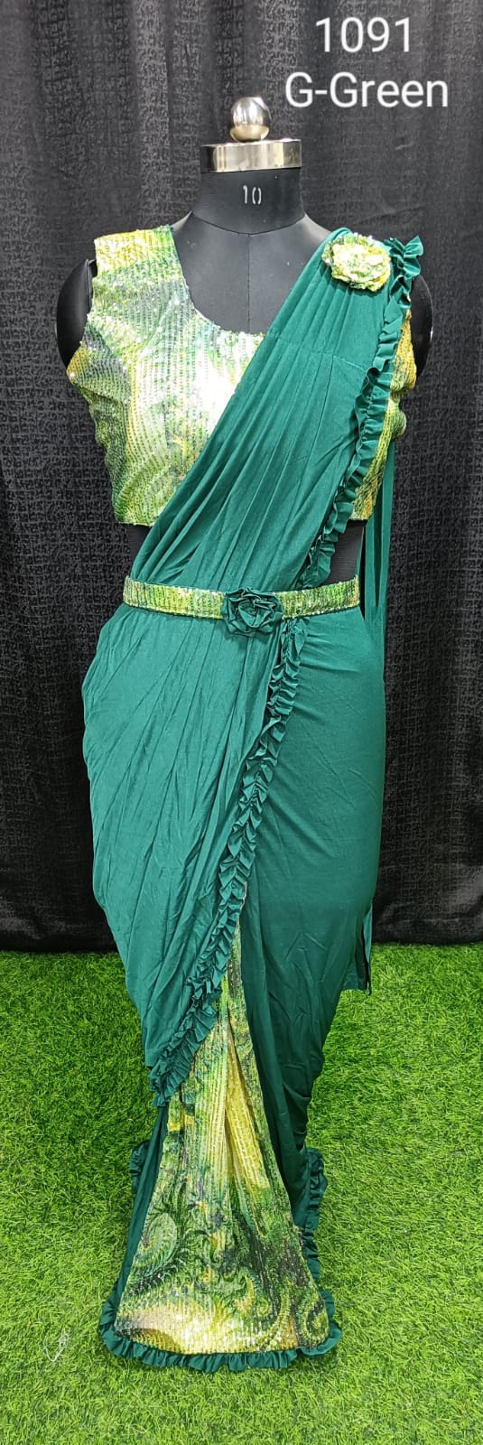 Designer Ready To Wear frill dual type Saree with belt And Ready To Wear Blouse with Sequin work