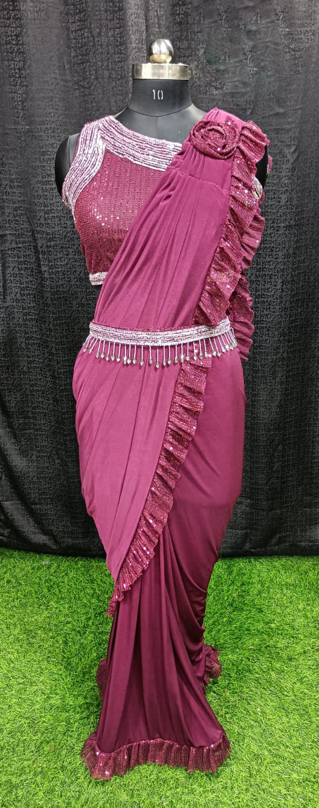 Designer Ready To Wear frill sequin work Saree with hanging bead belt And Ready To Wear Blouse with Sequin work