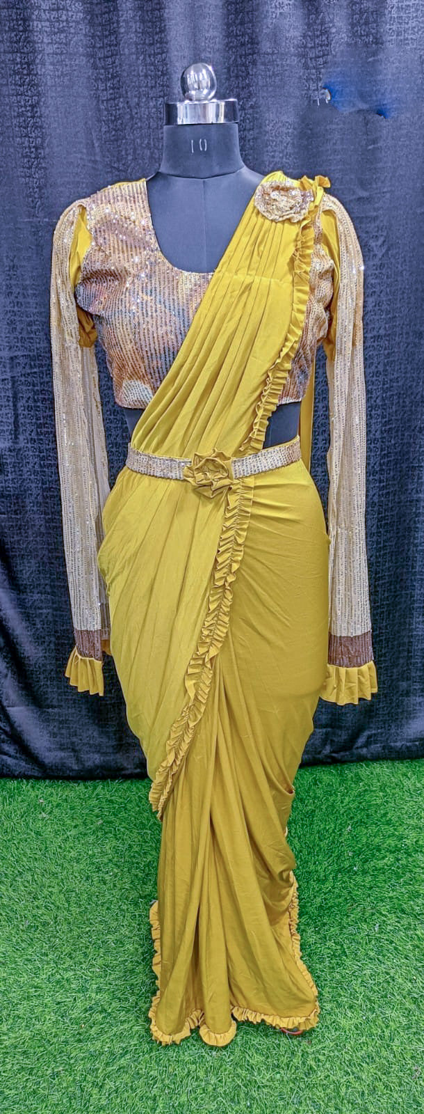 Designer Ready To Wear frill Saree with Ready To Wear Sequin and print Blouse with shoulder cover