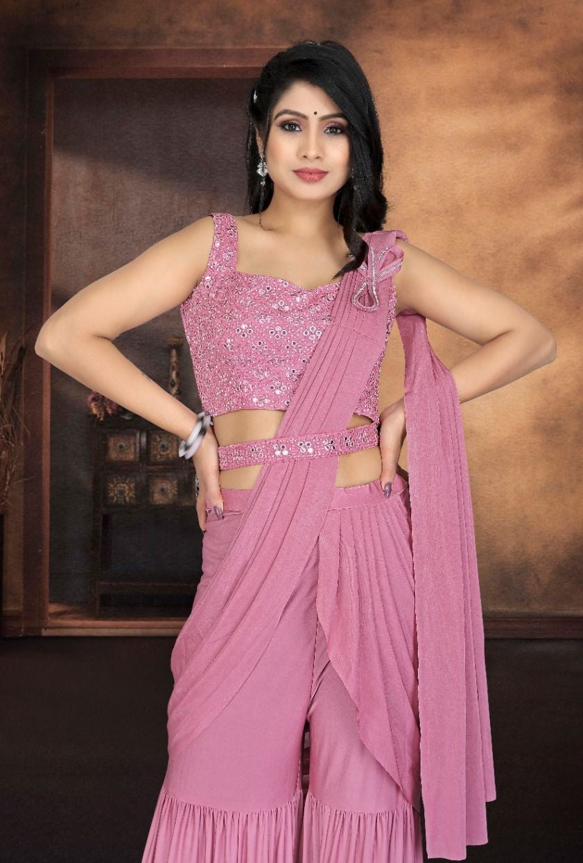 Designer Ready To Wear pant / palaso Saree with mirror work belt And Ready To Wear Blouse with mirror work