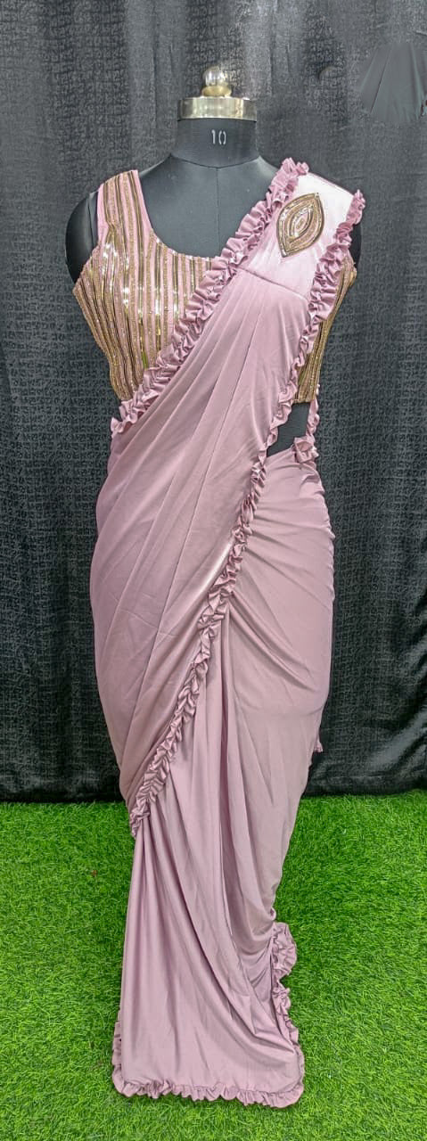 Designer Ready To Wear frill Saree with Ready To Wear vertical line Blouse