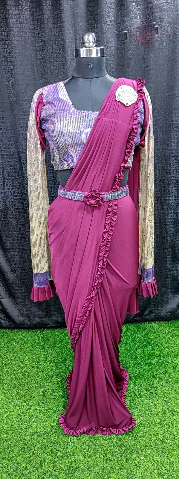 Designer Ready To Wear frill Saree with Ready To Wear Sequin and print Blouse with shoulder cover